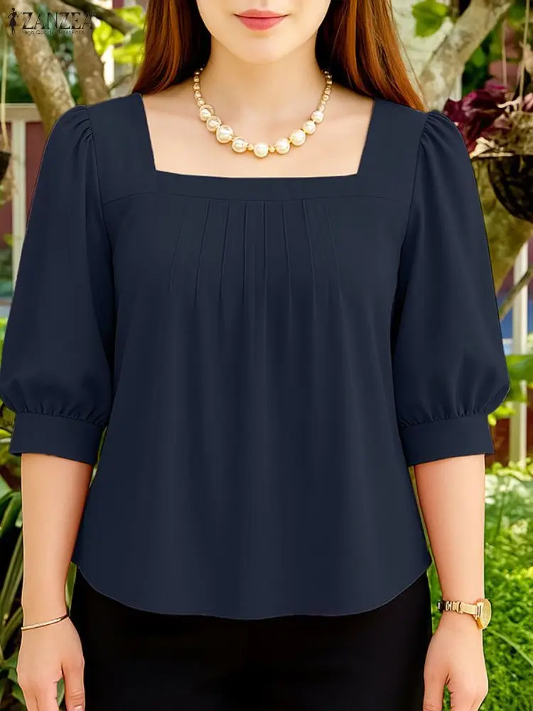 ZANZEA Camicia da ufficio estiva Donna Elegante collo quadrato Manica a 3/4 Camicette da lavoro Elegante tunica a pieghe solida Top Blusas allentati 2025