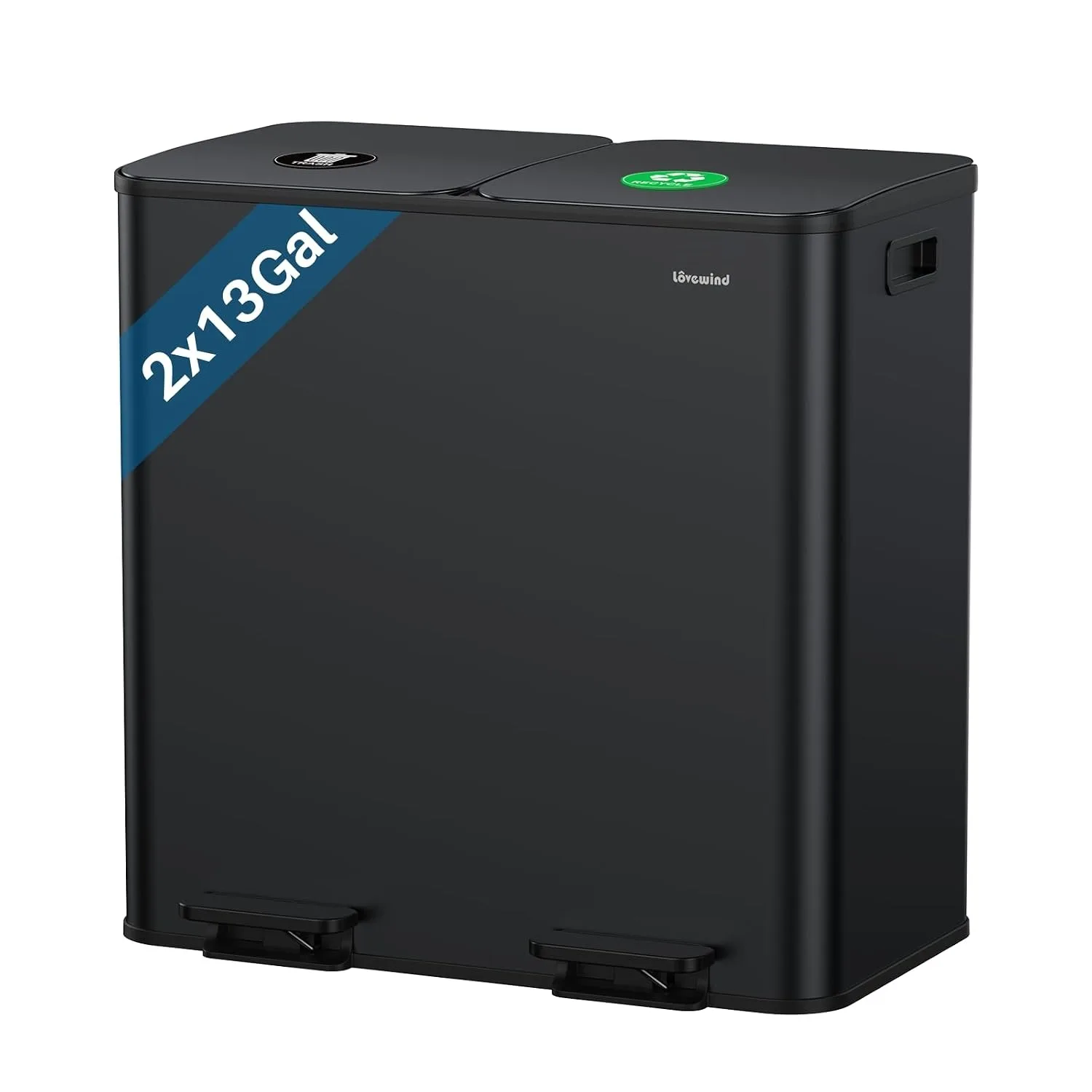 Dual Trash and Recycling Bins for Kitchen, 2×13 Gallon (2× 50L) Stainless Steel Trash and Recycle Bin Combo with Soft-Close Lid, Large Garbage Cans for Kitchen Home with 2 Magnets Sticker, Black