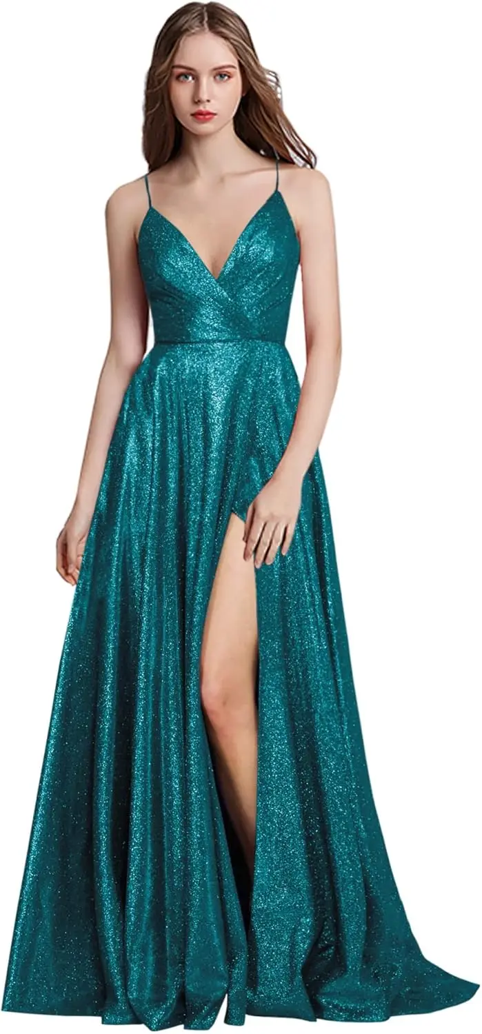 

Prom Dresses Long A Line with Pockets V Neck Formal Evening Ball Gowns Side Slit Glitter Party Dress Elegant Women for Wedding