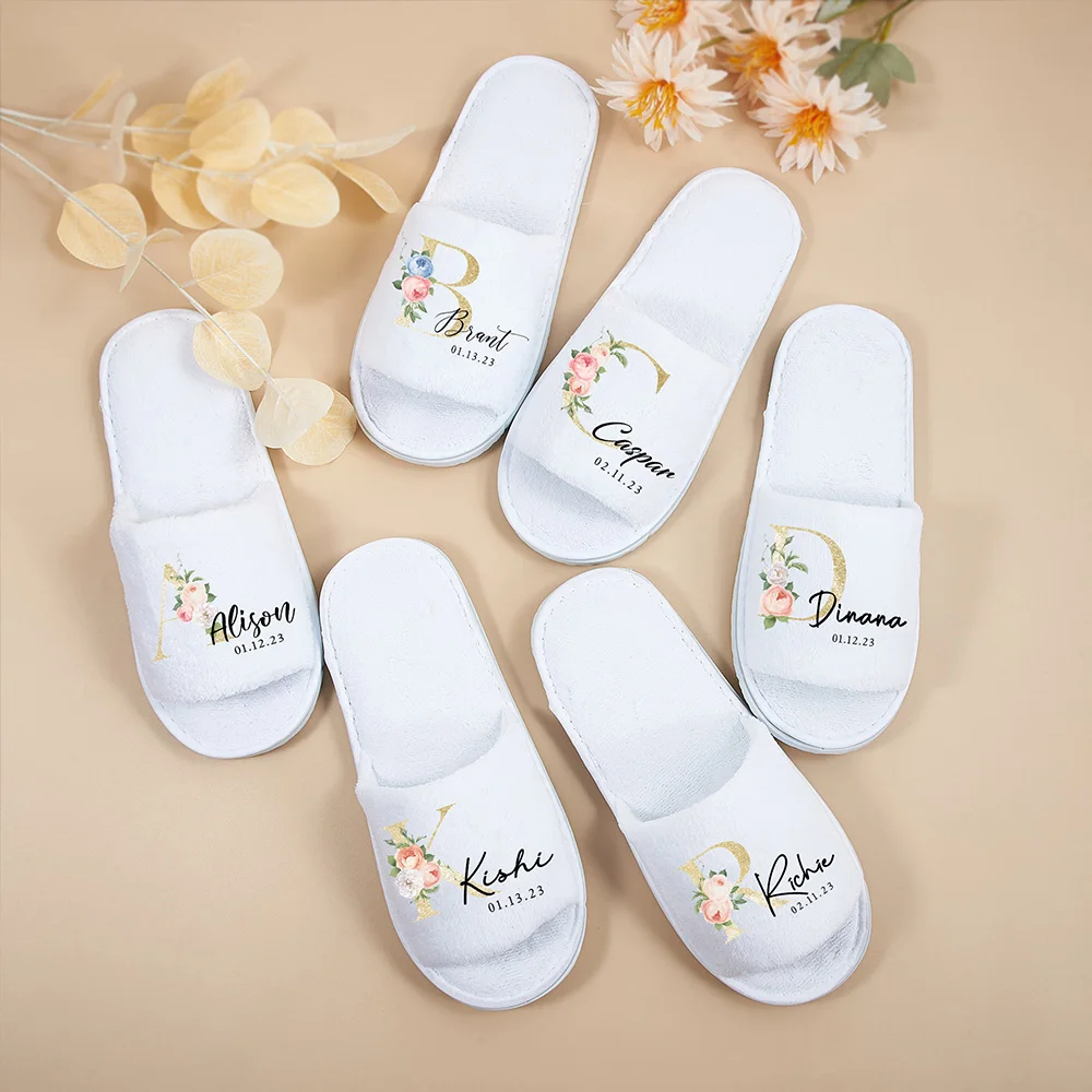 Custom Bride Maid of Honor Floral Slippers Bridesmaid Gift Spa Open-Toed Slippers Bridal Shower Party Favors Wedding Supplies