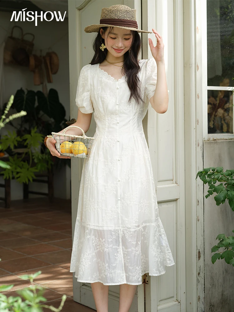 

MISHOW V-neck Lace Embroidery Dress for Women 2025 Summer Fashion Puff Sleeve Holiday White Dress Women's Clothing MXE39L2432