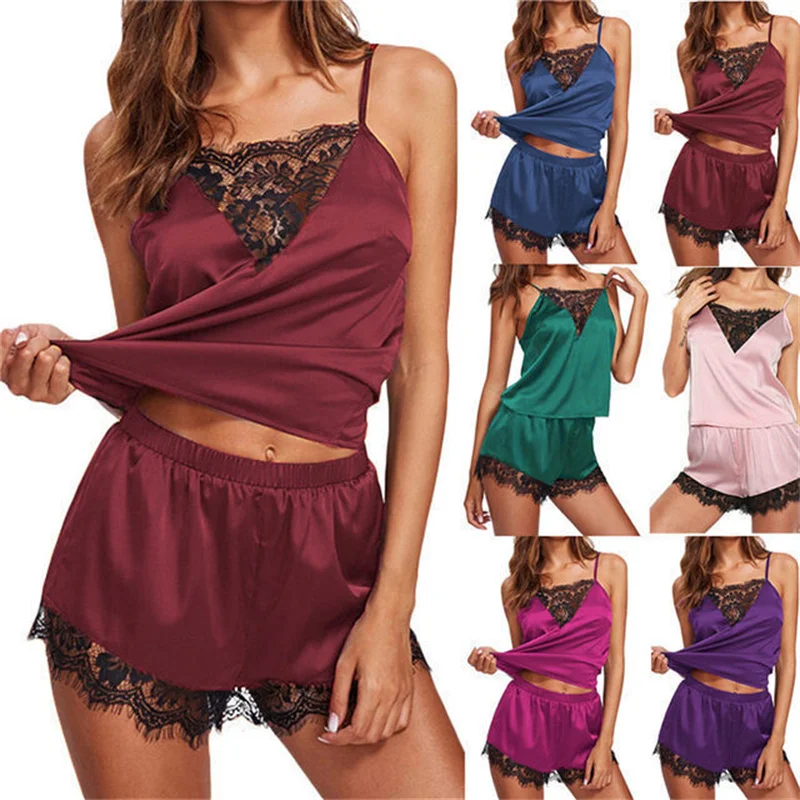 2PCS Sexy Pajama Set Women Sexy Lace Patchwork Satin Silk Suspender Top Hot Shorts Sleepwear Women Nightgown Female Sleepwear