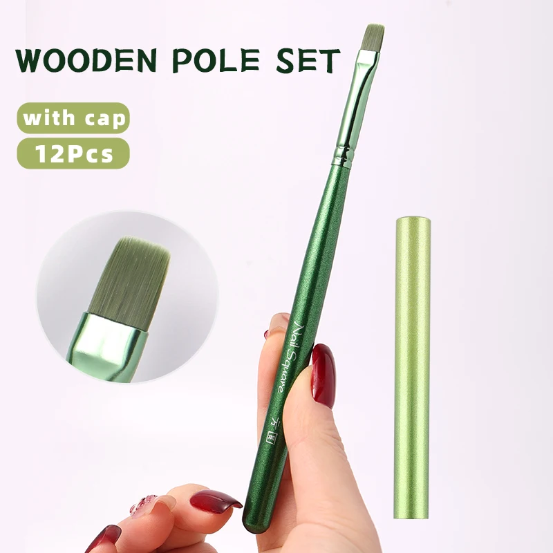 1/12 piezas pinceles para arte de uñas con mango de madera verde, delineador, pincel de flores, borde, herramientas para gel UV 4