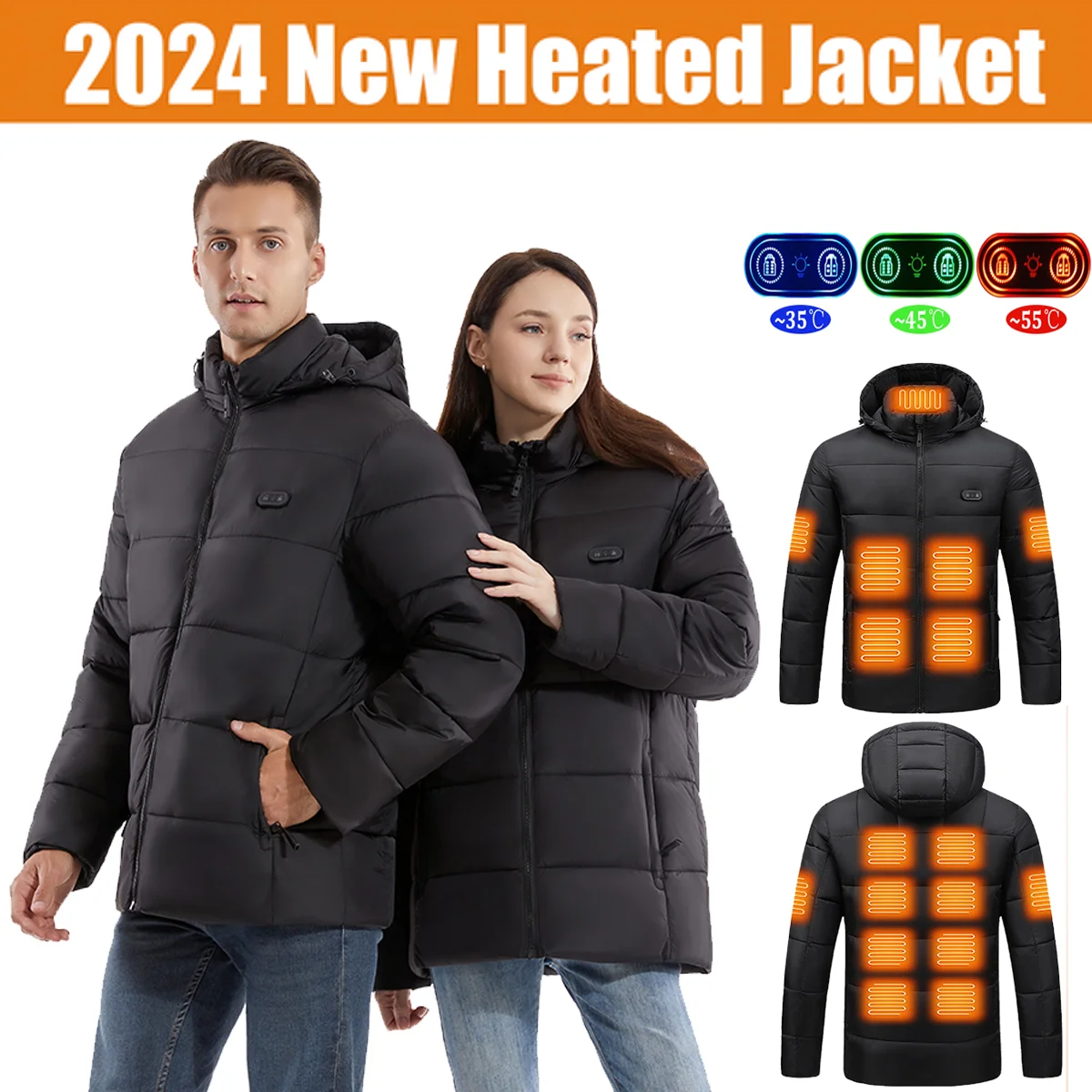 2024 New Heated Jacket, Winter Warm Outdoor USB Electric Heated Cotton Jacket with 15 Carbon Fiber Heating Pads