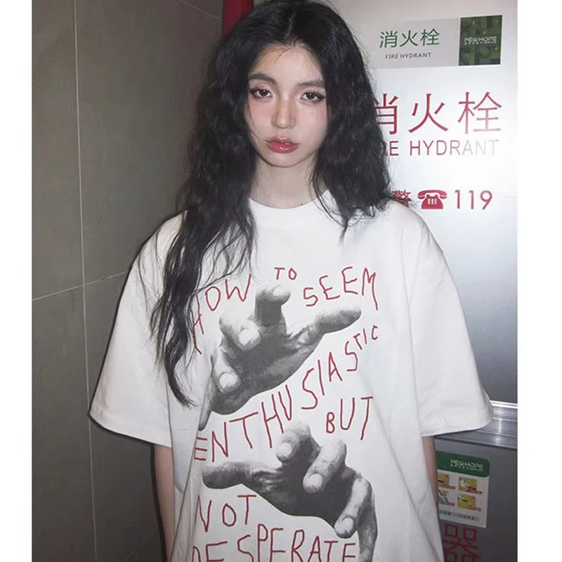 2026 American Retro Finger Letter Printed Women's Summer Short-sleeved T-shirt Loose Hiphop Cotton Casual