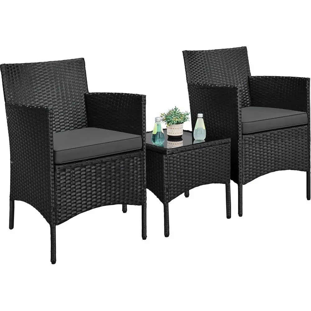 3-Piece Outdoor Patio Furniture Set with Cushions, PE Rattan Wicker, Black/Gray, for Garden, Deck, Courtyard, or Poolside