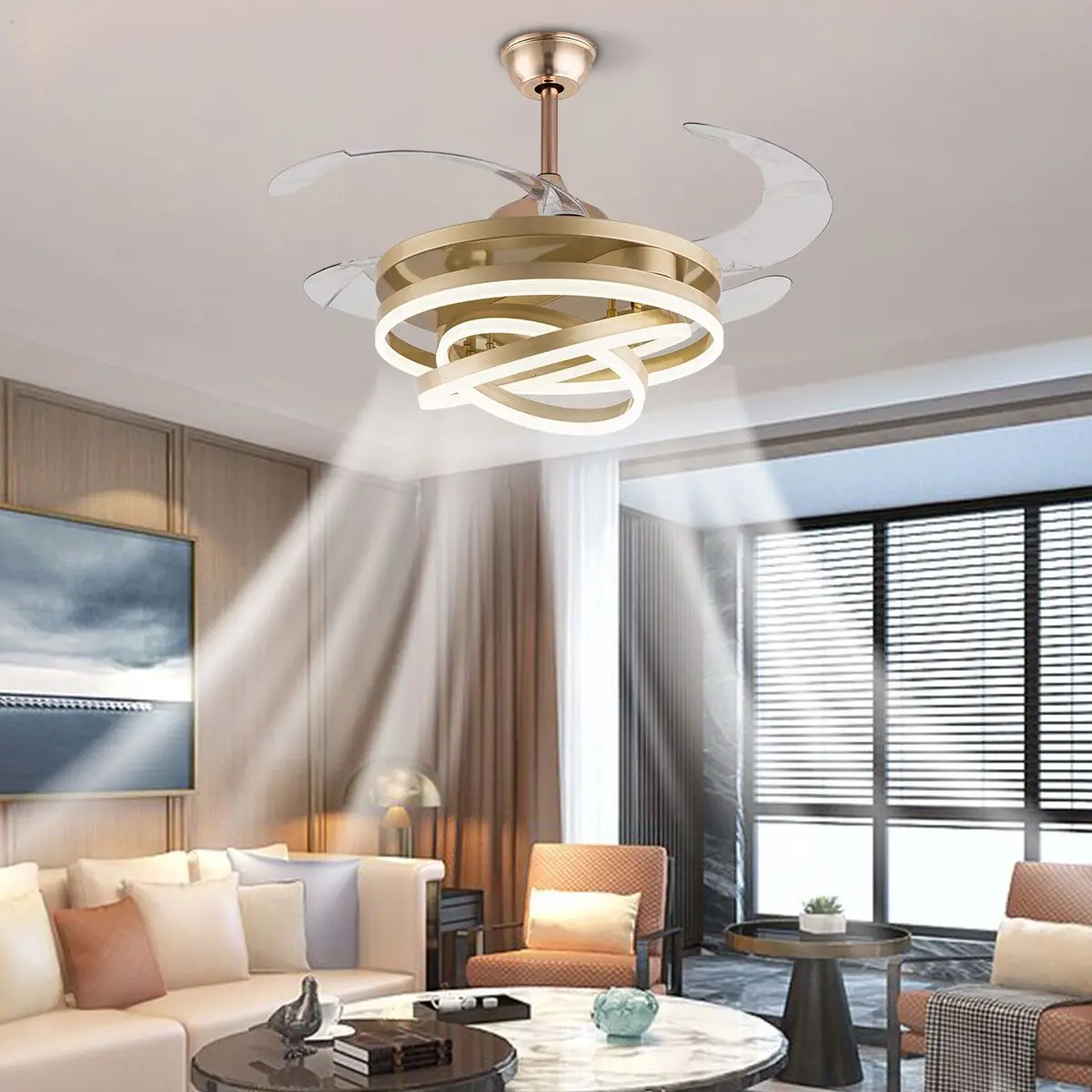 

42" Ceiling Fan Fixture Chandelier Modern Style Retractable Remote Control Fan Lamp For Living Room Decor Lighting