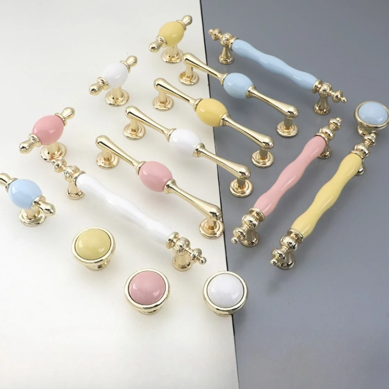 

European Colorful White Furniture Pulls Fashion Ceramic Cabinet Handles Golden Kitchen Cupboard Door Handles Drawer Knobs