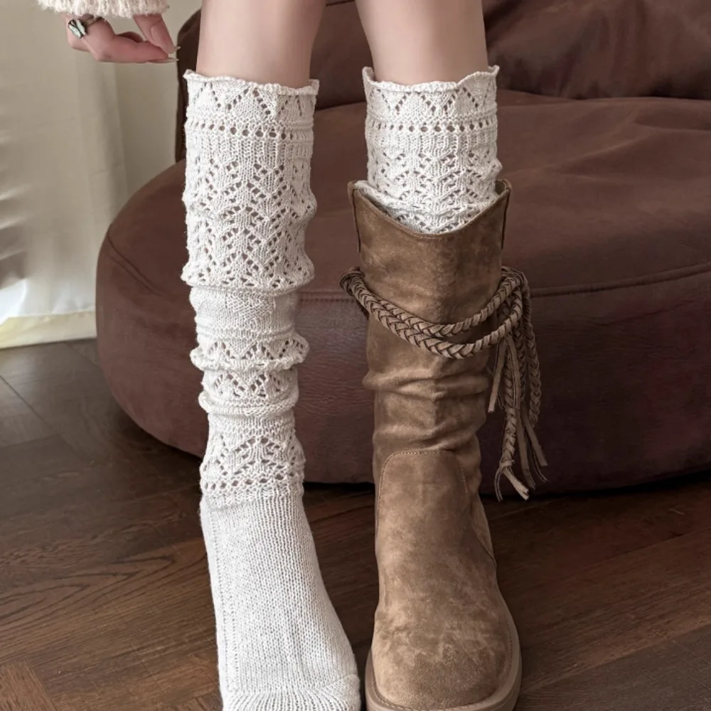 

Элегантные полые вязаные длинные носки-трубочки для женщин, теплые милые зимние хлопковые чулки в стиле ретро, домашние носки