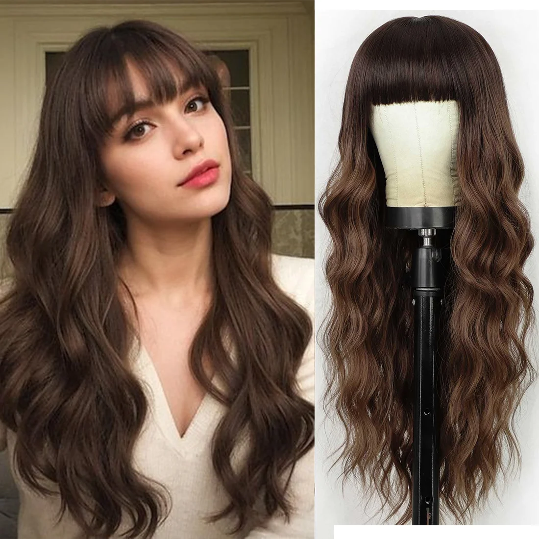 26 Inch Dark Brown Long Curly Synthetic Wigs With Bangs For Women, Cosplay Daily Halloween Wig