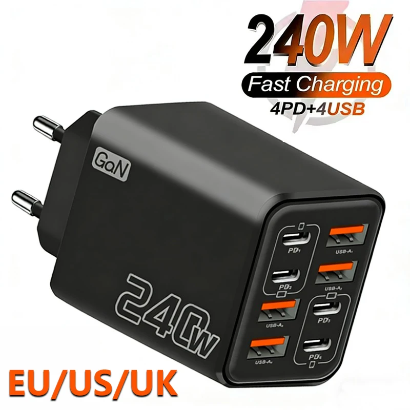 240W GaN USB C Charger 8 in 1 Fast Charging Phone Charger Power Adapter For iPhone Samsung Xiaomi Type C EU/US/UK Charger