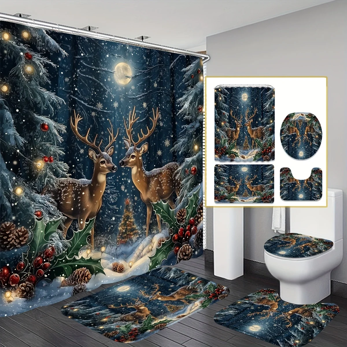 

4 шт., набор занавесок для душа с рождественской ночью, с крючком и U-образным чехлом на сиденье унитаза, аксессуары для ванной комнаты, рождественские украшения