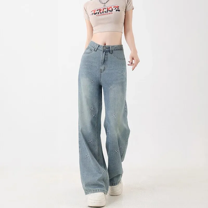 Luz azul bordado denim orts feminino verão fino solto emagrecimento gelo seda perna larga calças compridas cintura alta