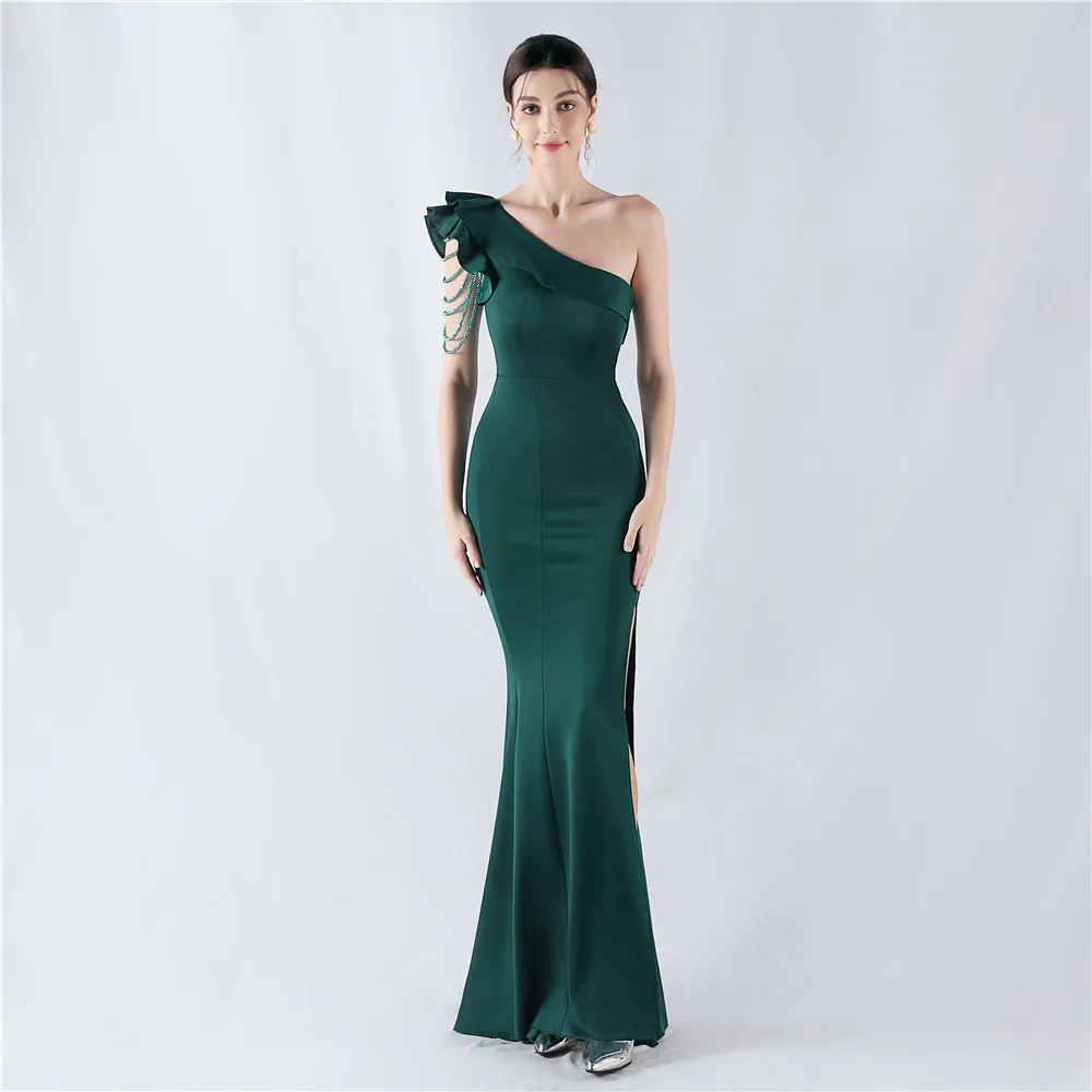 DEERVEADO 8 Colors Elegant One Shoulder Evening Dresses for Woman Soft Satin Simple Formal Dress Prom Party Dresses with Beads