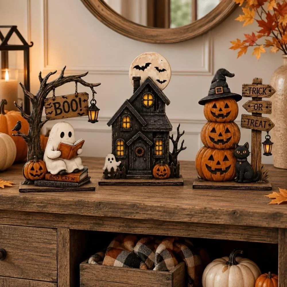 2D Vintage Halloween Holz-Tischdekoration mit lebenden Geistern, Geisterbahn, gestapelten Kürbisfiguren, festliche Tischdekoration für Partys – Detail 6