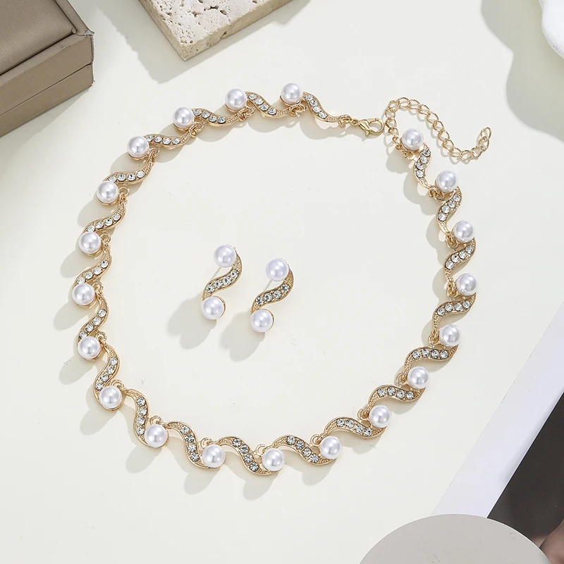 1 Set Ladies Elegant Imitation Pearl S-Shape Necklace Earring Set Bridal Clavicle Chain Jewelry for Weddings Women Jewelry Gifts
