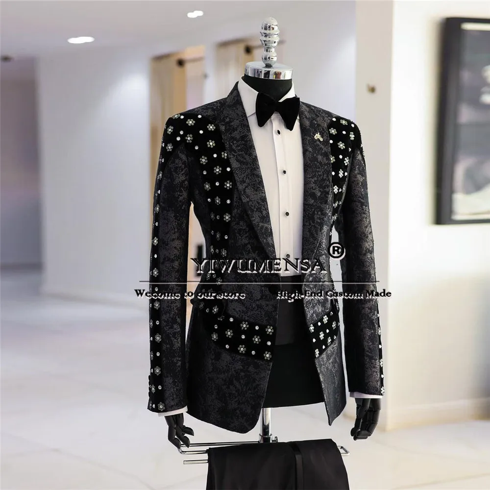 Luxury Groom Wedding Suits Black Jacquard Velvet Design Jacket Waistband Pants 3 Piece Formal Men\'s Business Banquet Prom Blazer