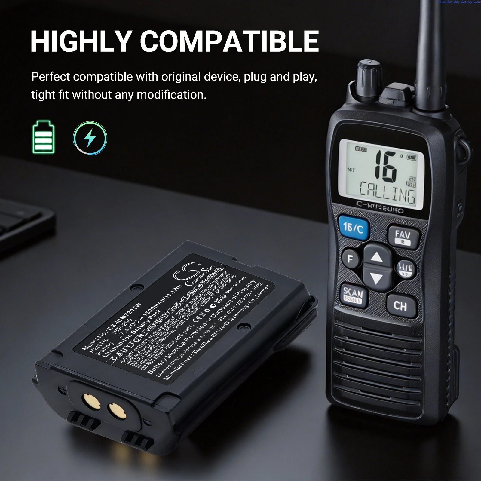 Cameron Sino 7.4V 1500mAh Replacement Two-Way Radio Battery BP-269 for Icom IC-M72J, IC-M73J