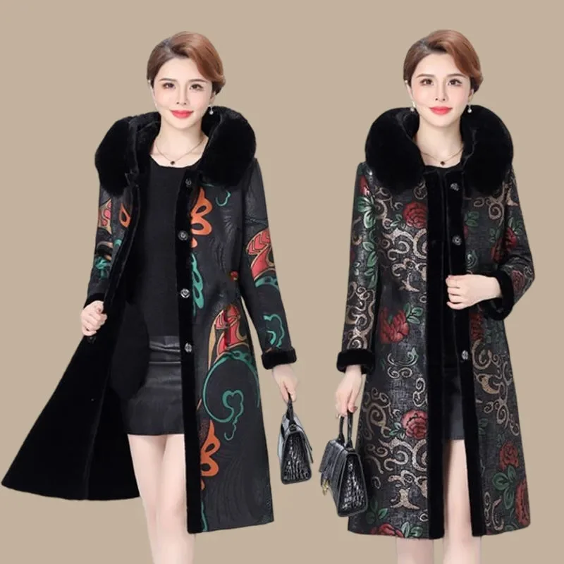 High Quality Fur Coat For Women Two Sides Wear 2024 Mother\'s Coat Thick Warm Long Jacket With Hood Liner Plush Coat Fur Collar