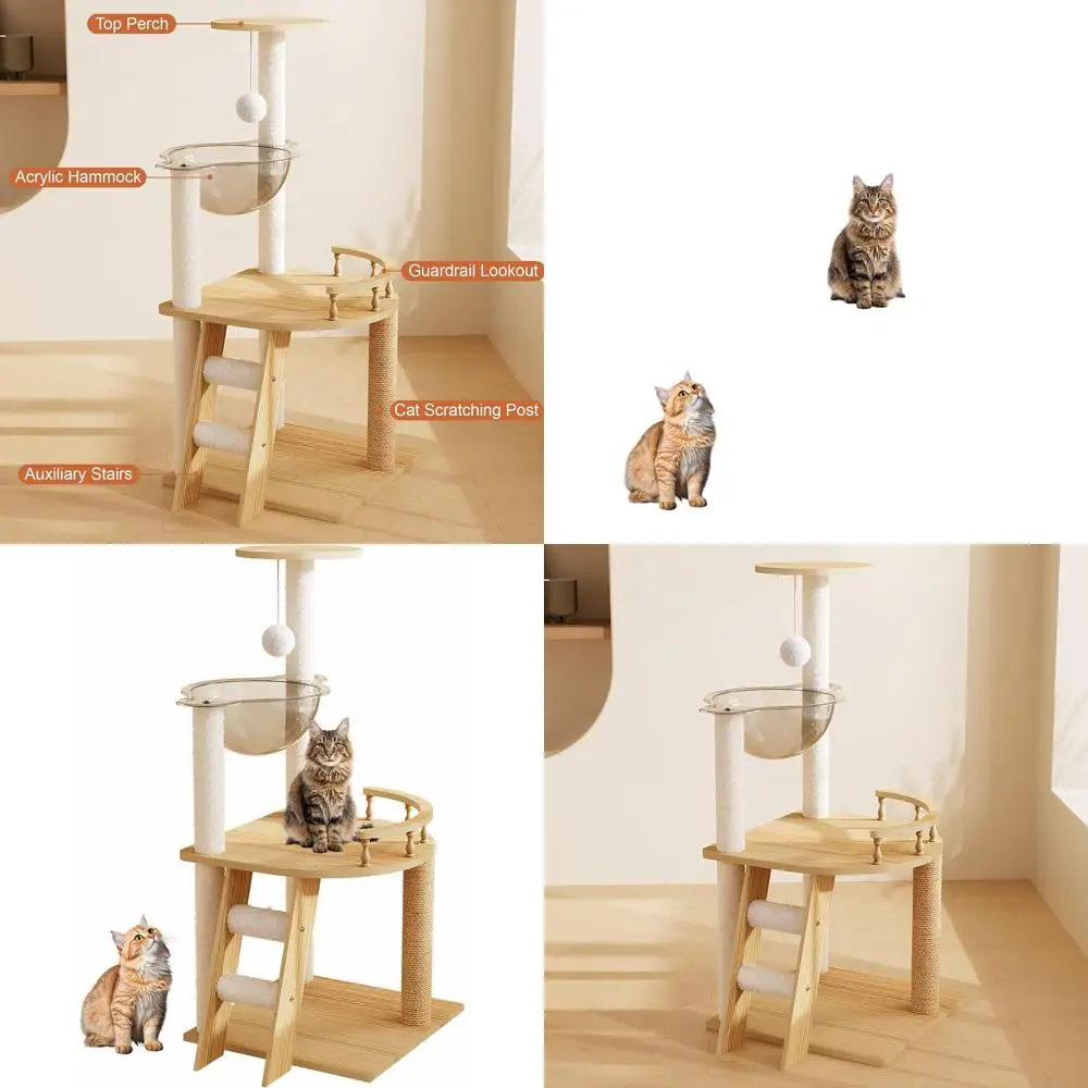 

Indoor Wooden Cat Tower with Sisal Scratching, Acrylic Hammock, and Top Perch for All Size Cats
