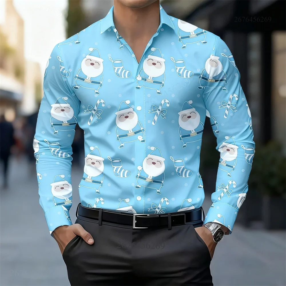 Christmas Long Sleeve Shirt Lapel Men's Button up Shirt Autumn Christmas Snowman 3D Print Long Sleevemen's Holiday Party Tops