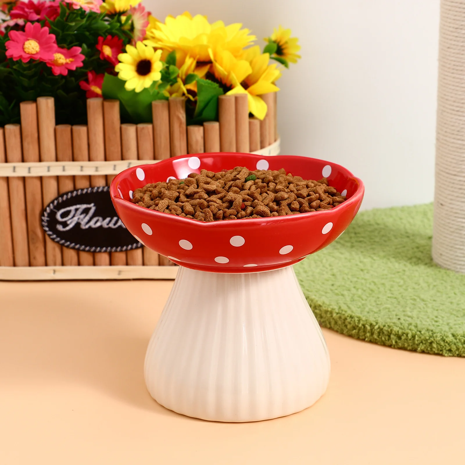 

Ceramic Mushroom Style Raised Cat Bowl Elevated Pet Food Holder for Indoor Cats Spill Resistant Stable Base Raised Cat Bowl