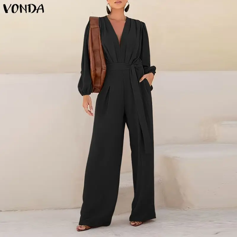 

Женские комбинезоны VONDA, модные плиссированные комбинезоны с длинными рукавами, однотонные, летние, элегантные офисные комбинезоны с поясом, большие размеры 5XL
