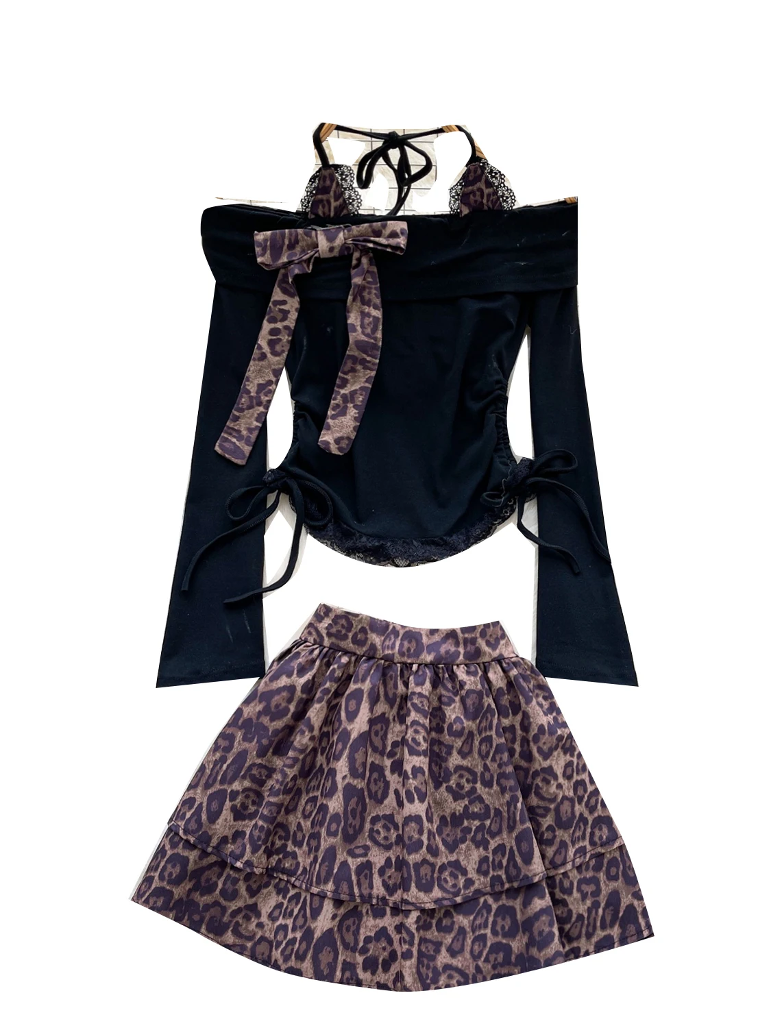 College Sle Agel Design Un hombro Cintura alta Largo Sve Slim Fit Top y falda Conjunto Estampado de leopardo Casual Faion