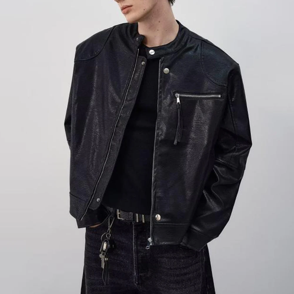 2026 Winter Men's Long-Sleeve Leather Jacket American Vintage Fashion Trend High Street Casual Loose Simple Men's Tops