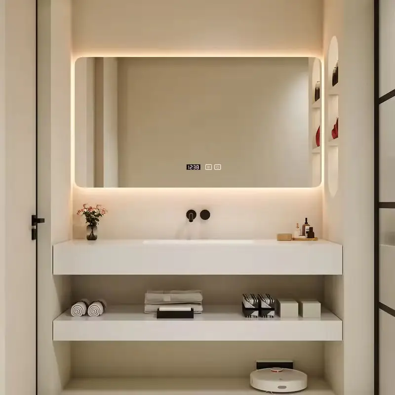 Custom Sintered Stone Double/ Single Sink Bathroom Vanity Cabinet Floating Type With Ceramic Basin Factory Custom Colors And Pa