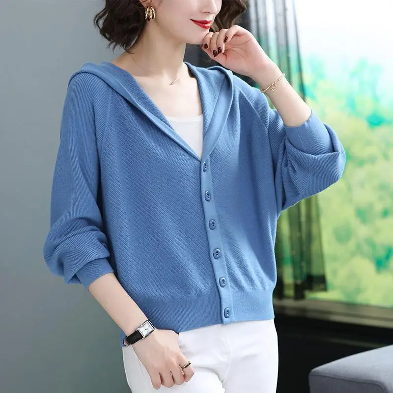 Woman Sweater Cardigan Autumn Knitted Long Sleeve Hooded Button Loose Solid Color woman's Clothing Dropshipping LXJ22265
