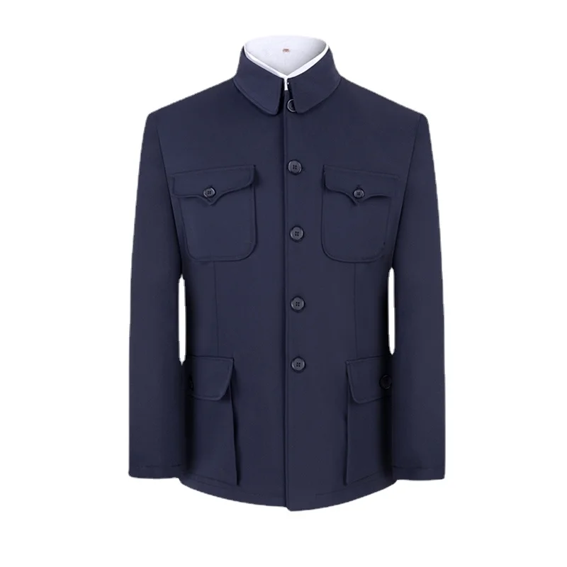 

Mao Suit Men Jackets Traditional Chinese Tunic Tops New Year Spring Festival Zhong Shan Multiple Pockets Coat Gifts for Dad