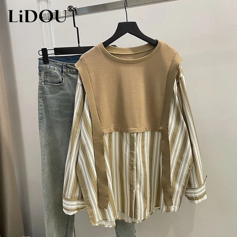 2023 Spring Autumn New Round Neck Fashion Long Sleeve Shirt Women High Street Casual Loose Fake Two Pieces Striped Pullovers