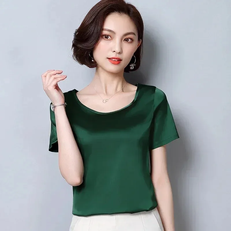 Womens Tops and Blouses 2024 Casual Silk O-neck Office Lady Clothes Summer Satin Short Sleeve Solid Color Shirt Blusas 2126 50