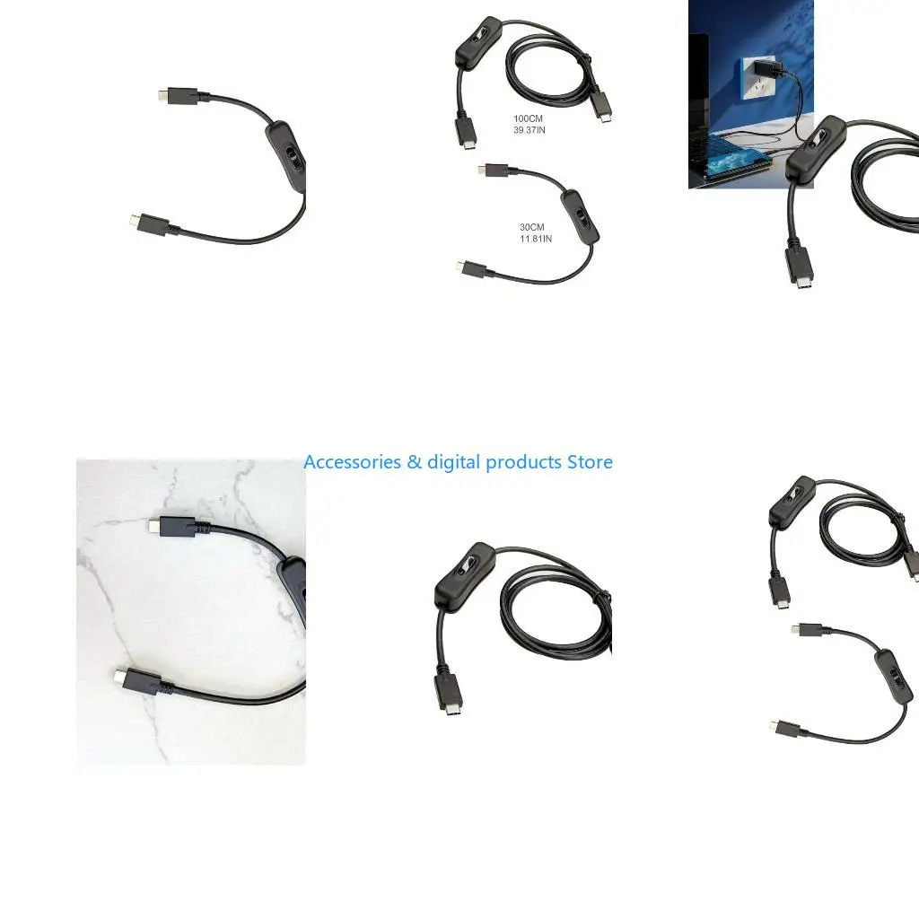 77JD USB Type C with Switches Power Button Charging Extension Cable Universal Type C Male to Type C Male Extension Cable