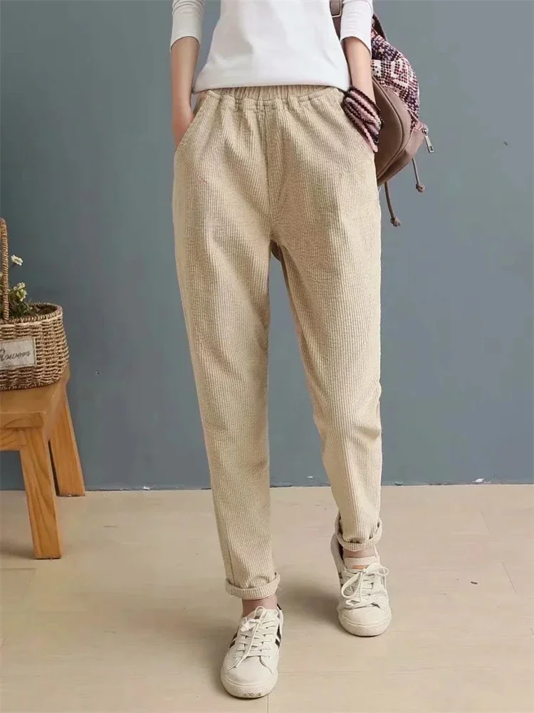 

Fall New Fashion Women Corduroy Vintage Pants Japan Style Elastic Waist Solid Color Simple Casual Loose Versatile Trouser Z695