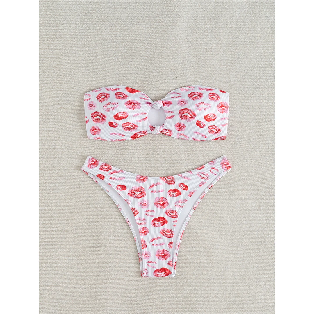 XS - L Bedruckter, ausgeschnittener Bandeau-Bikini, Damen-Badeanzug, zweiteiliger Bikini-Set, Badebekleidung, Badeanzug, Schwimmbekleidung V6496 – Detail 9