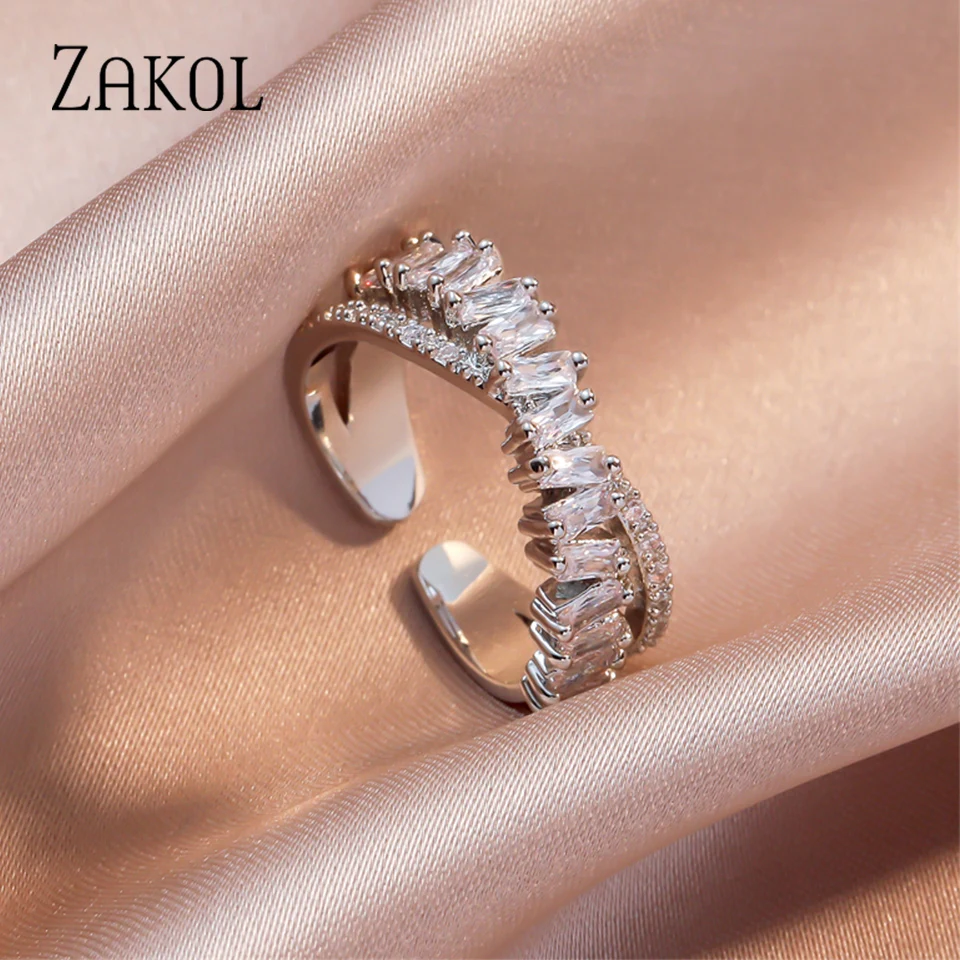 ZAKOL Elegant Baguette Zircon X Shape Open Rings for Women Shiny Crystal Engagement Wedding Ring Jewelry