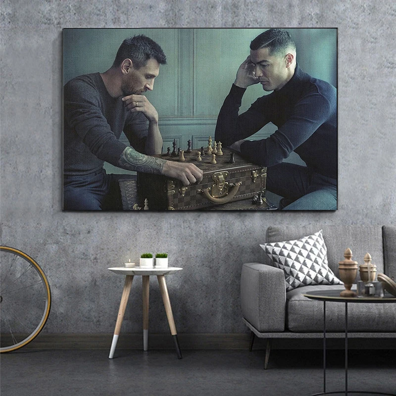 Two Handsome Men MMessi RRonaldo Chess Game Gift for Fans Poster and Canvas Printing Wall Art Picture for Living Room Home Decor