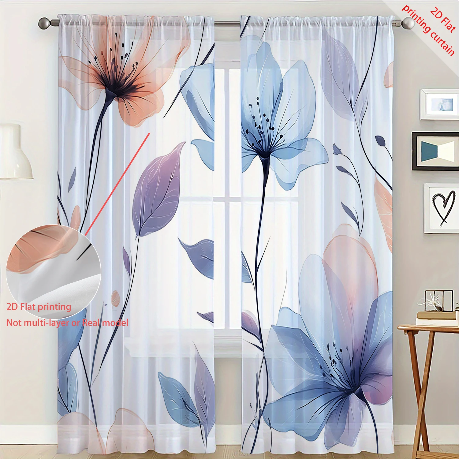 2 Pieces HD Digital Blue minimalist flower Printed Window Screen Home Decor Style Decoration Living Room Bedroom Rod