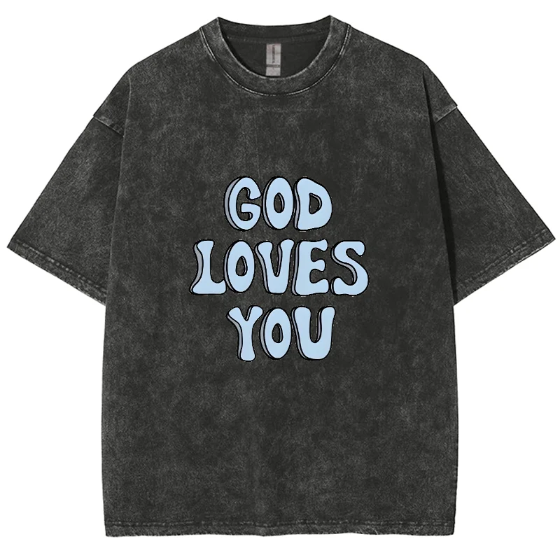 

God loves You Letter Print Cotton Women Washed T-Shirt Oversized Loose Crew Neck Half Sleeve American Retro Casual Everyday Top