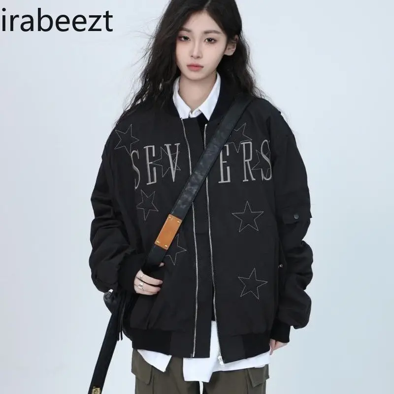 Stars Embroidered Baseball Tops Men's and Women's American Street Loose Bf Hip Hop Couple Jacket Winter Clothes Women