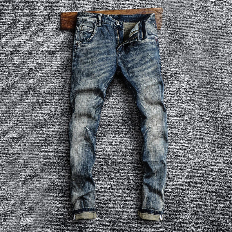 Newly Fashion Designer Men Jeans Retro Blue Elastic Stretch Slim Fit Ripped Jeans Men Vintage Trousers Casual Denim Pants Hombre