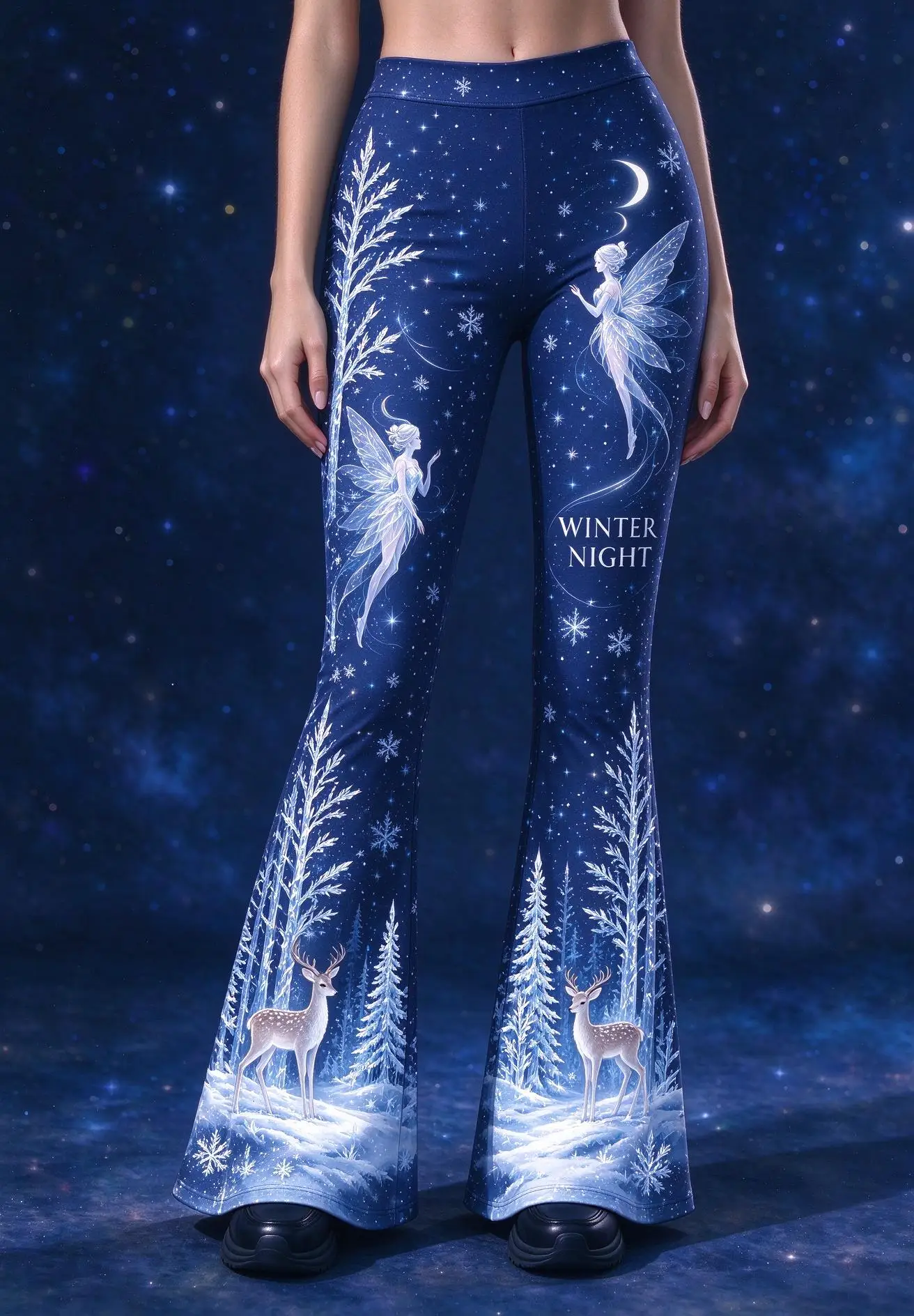 Women Mid Waist Skinny Flare Pants Winter Fairy Deer Snow Forest Moon Print Stretch Bell Bottom Trousers