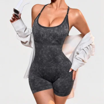 Women Criss Cross Backless Yoga Jumpsuit Acid Wash Seamless Butt Lift Workout Romper U Neck Padded Gym Fitness Activewear