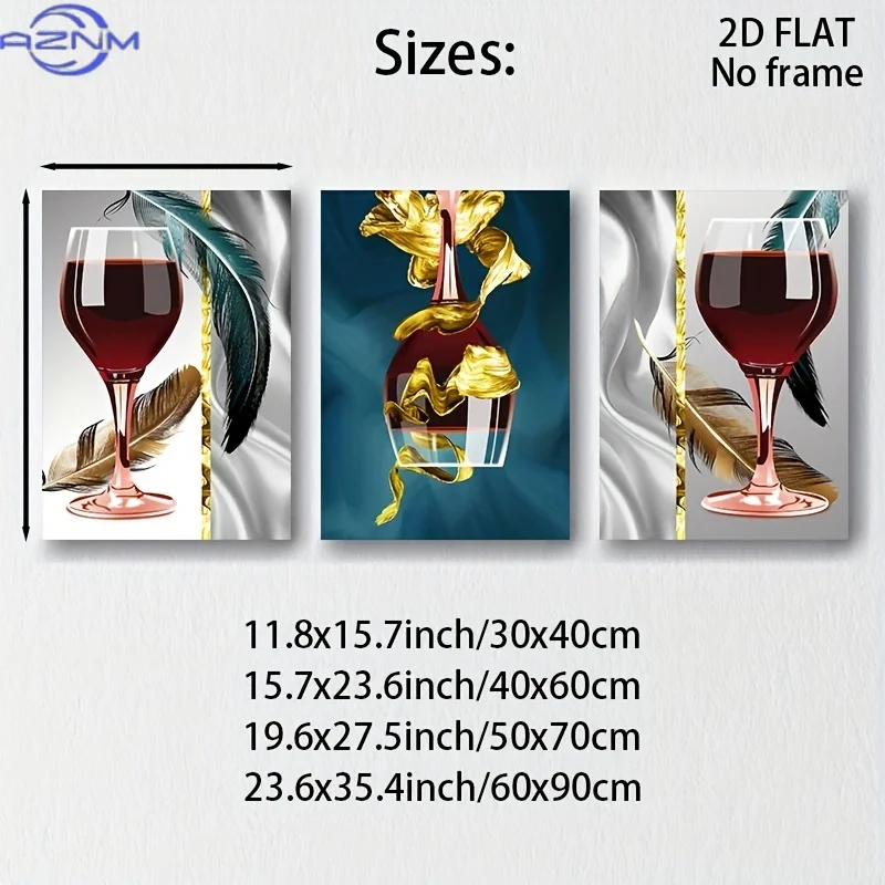 2D/FLAT 3pcs/set Red Wine Glass Modern Kitchen Wall Art, Restaurant Wall Decoration, Abstract Canvas Printing Art Works Contemp