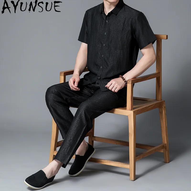 AYUNSUE Luxury 100% Mulberry Silk Two Piece Set Man Clothing Summer Outfit  Short-sleeved Shirt Loose Men's Set Suit ropa hombre