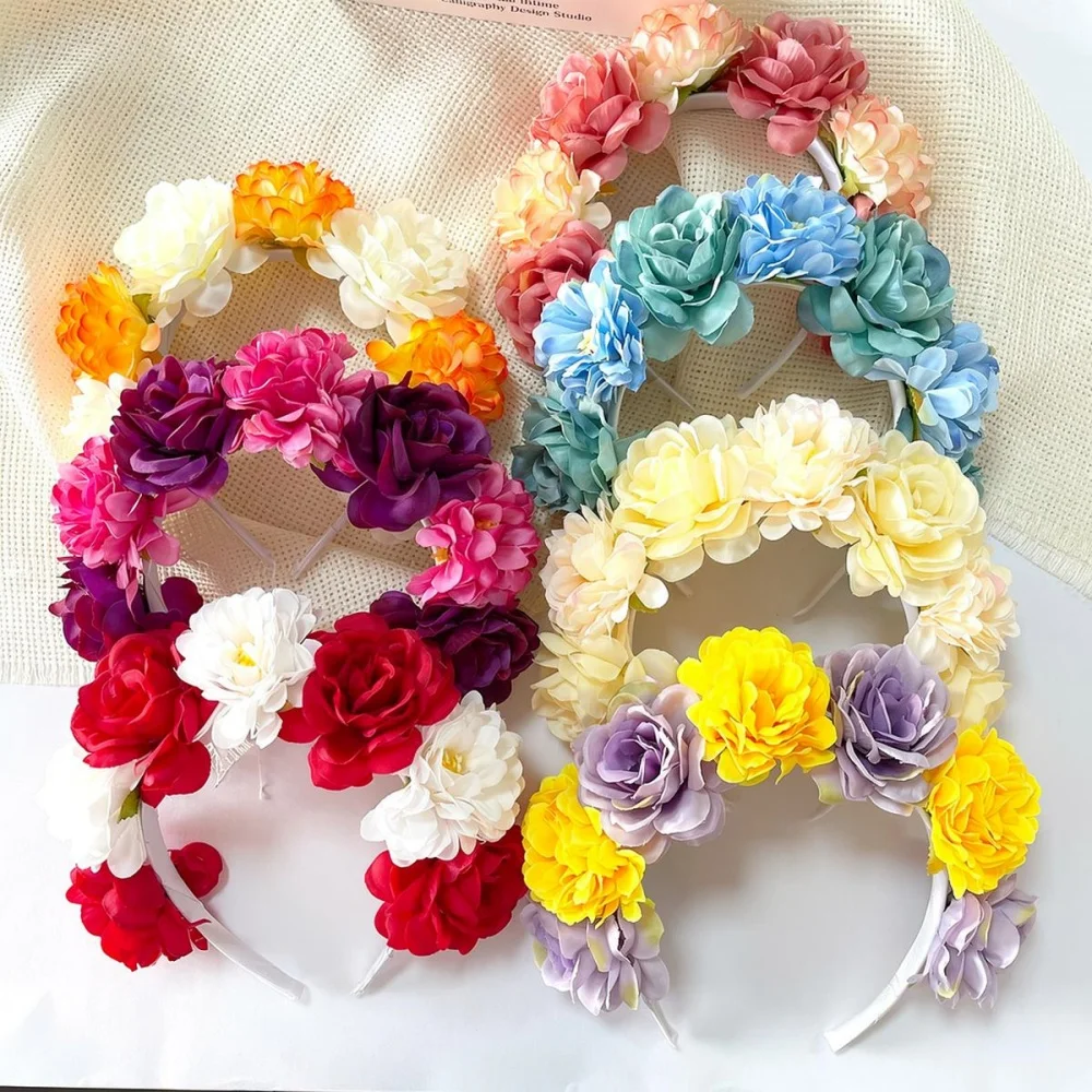 Modisches Rosenblüten-Stirnband für Damen, Braut-Blumenkranz, Bohemian Haaraccessoire, Hochzeits- und Festival-Kopfschmuck, Party-Deko – Detail 1