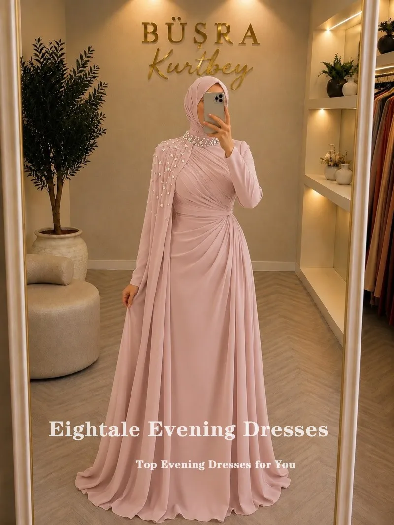 Eightale Arabisches Abendkleid mit hohem Kragen, Perlen, A-Linie, langen Ärmeln, Hochzeitskleid, maßgeschneidertes Partykleid, Robe de Soiree