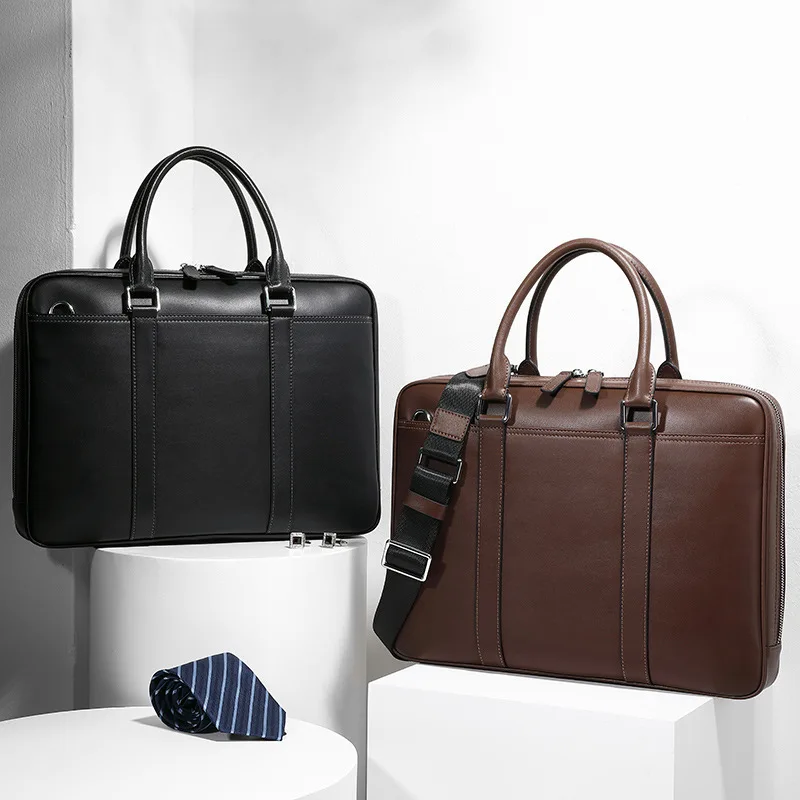 Bolsos de hombre de cuero auténtico, maletín informal de mano de negocios de gran capacidad, bolso cruzado Simple de un solo hombro para hombre